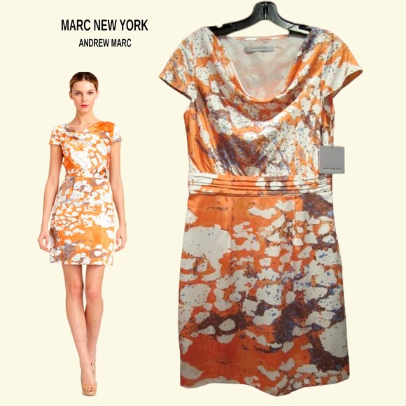 MARC NEW YORK NEW Abstract Watercolor Art Cowl Neck Pleated Dress 8 - Picture 1 of 11